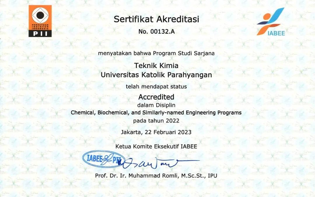 Prodi Sarjana Teknik Kimia UNPAR Raih Akreditasi Internasional IABEE